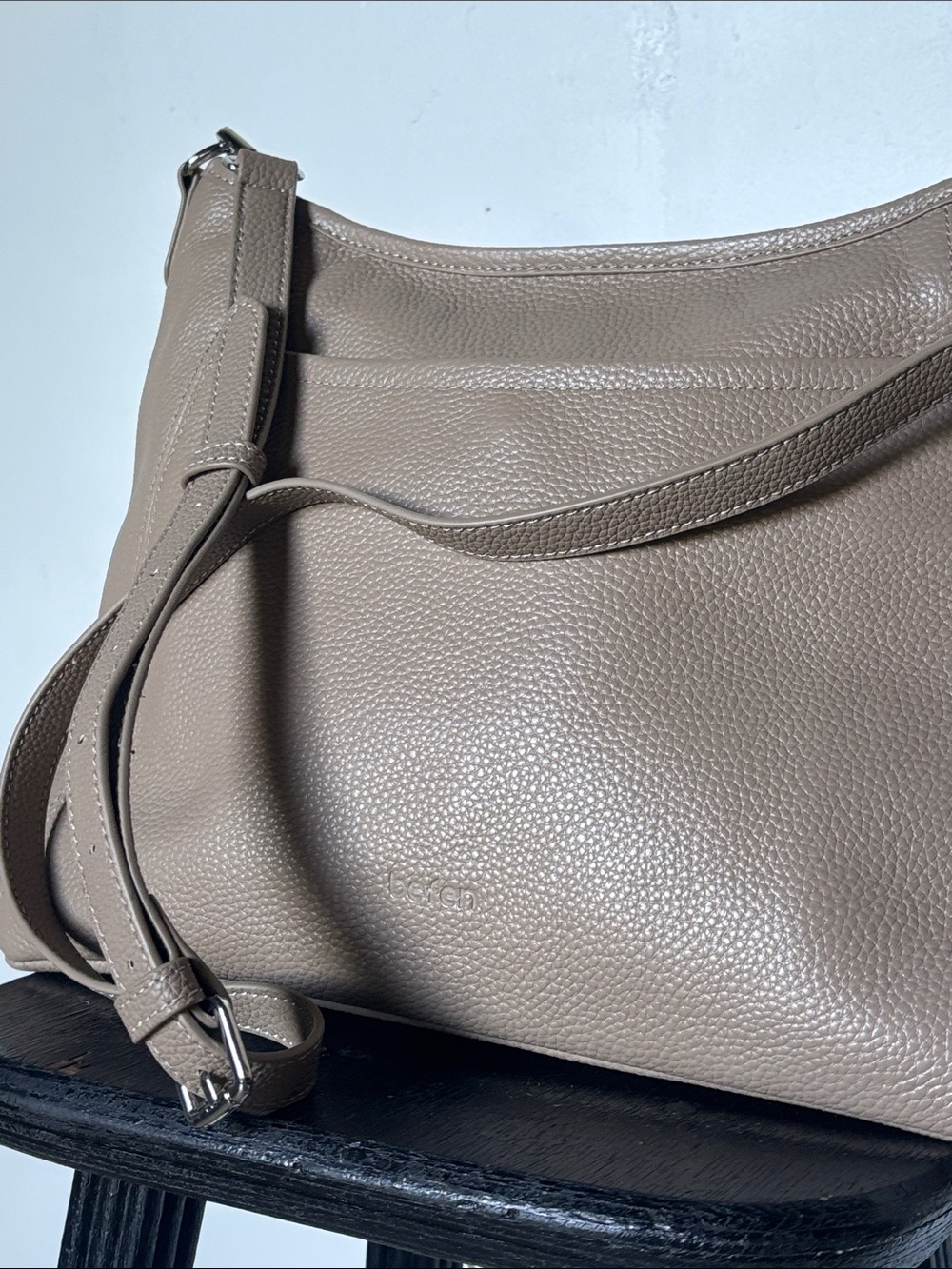 befen Pebble-Grain Taupe Leather Satchel with Adjustable Crossbody Strap